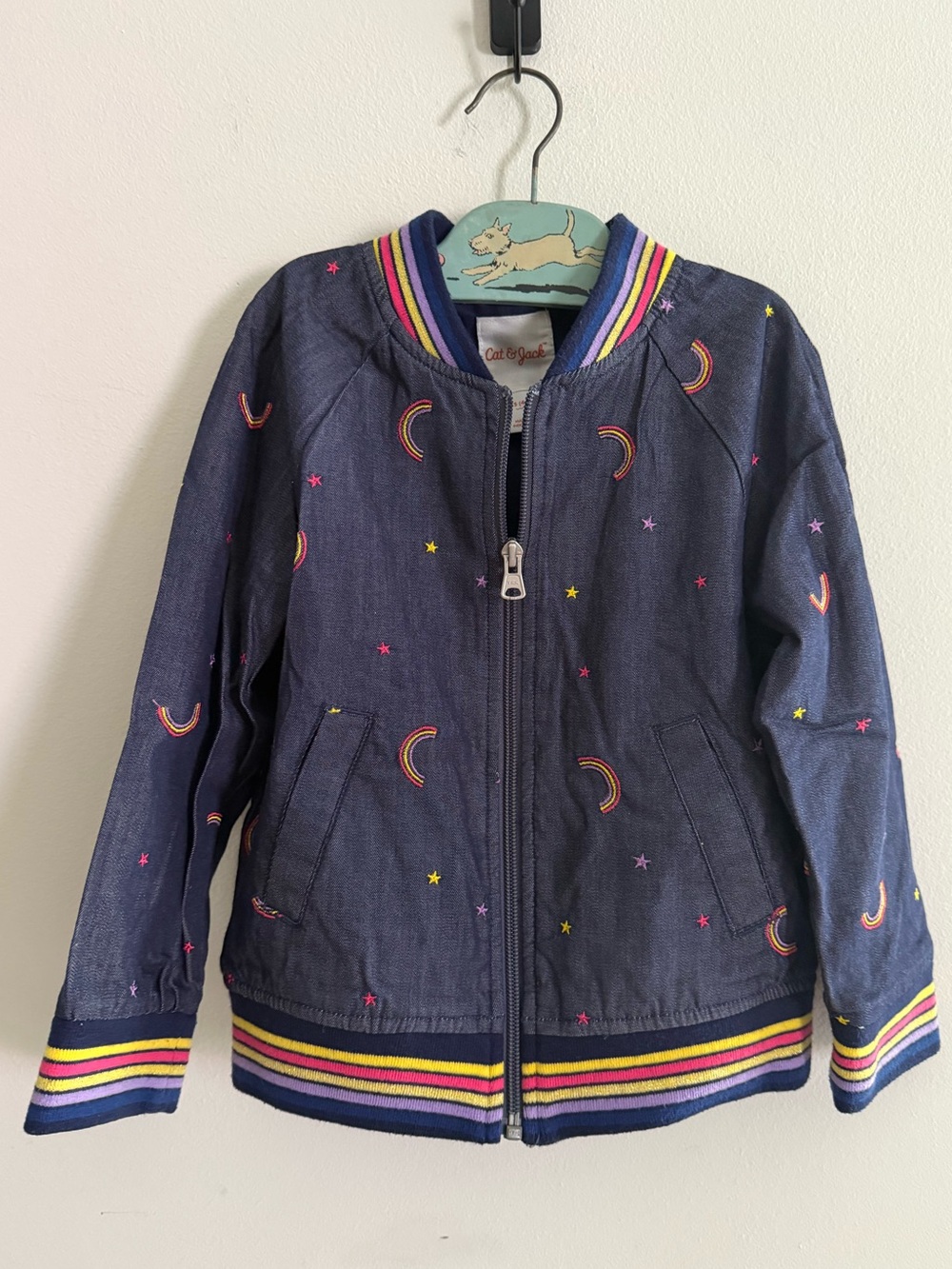 Cat & Jack Rainbow Bomber Jacket XS (4/5) Girls Denim Embroidered Whimsical